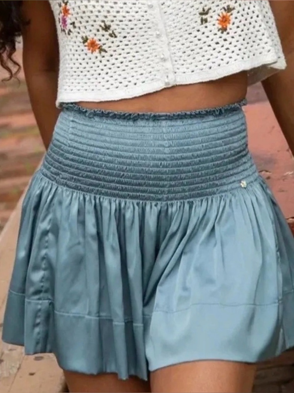 NATURAL LIFE Steel Blue Smocked Satin flowy shorts